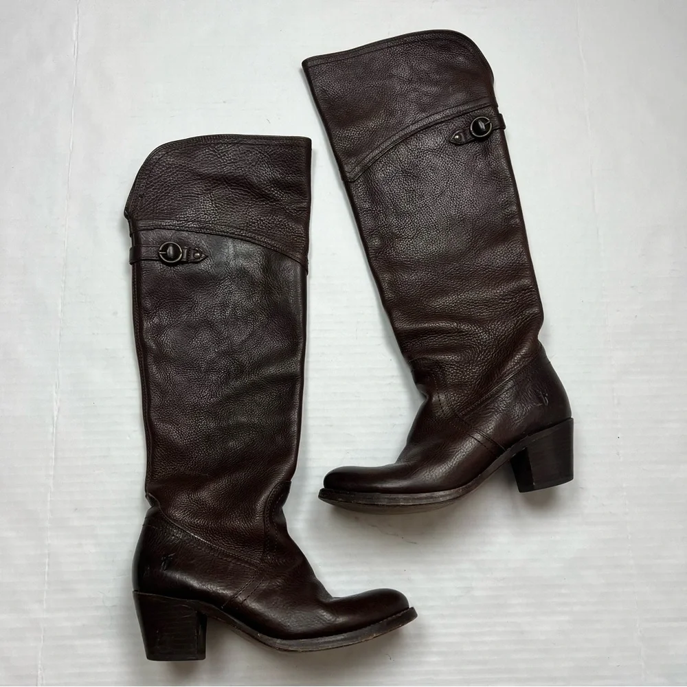 FRYE 77595 JANE TALL CUFF BROWN LEATHER BOOTS 7